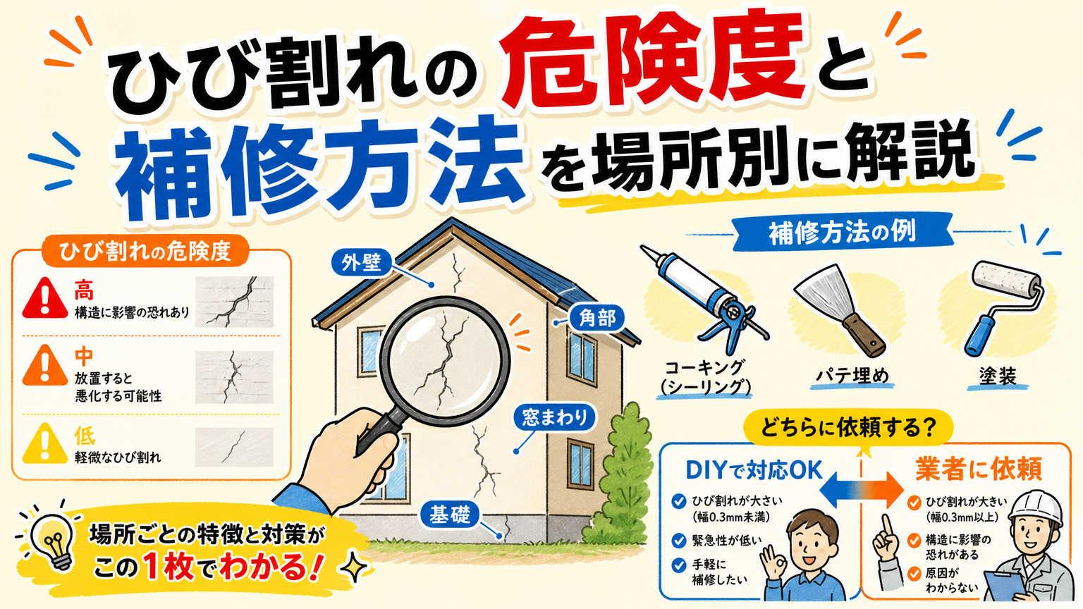 ひび割れの危険度と補修方法を場所別に解説